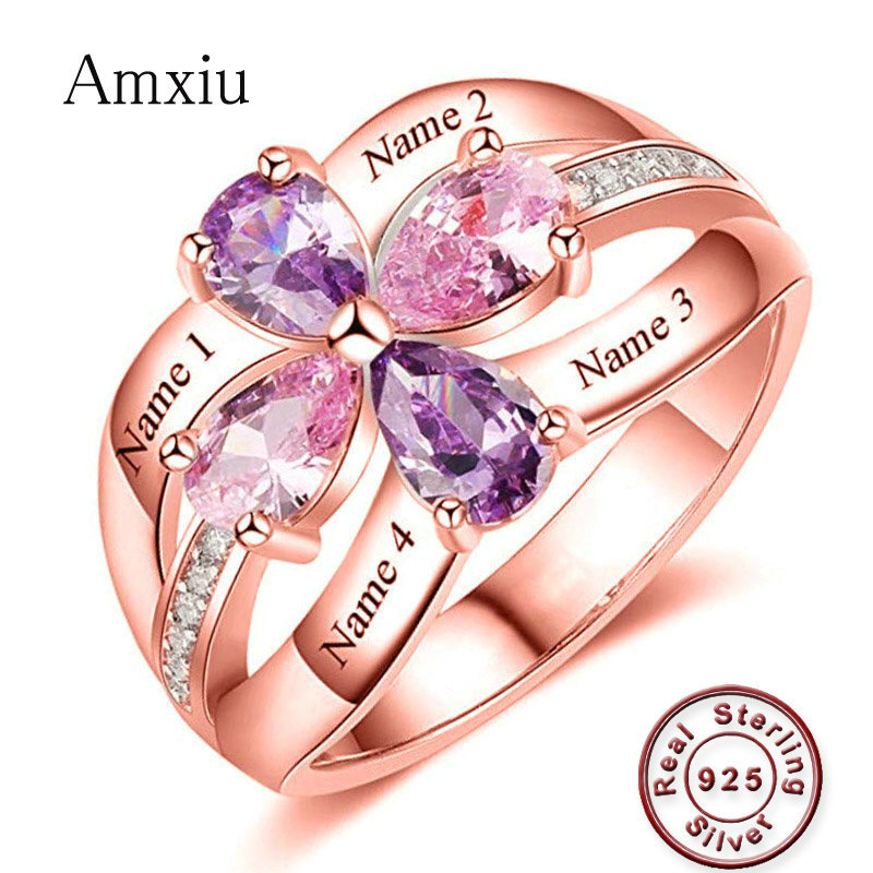 Birthstone Ring Set - Amxiu Menyesuaikan Besar Pernikahan Cincin Nama
