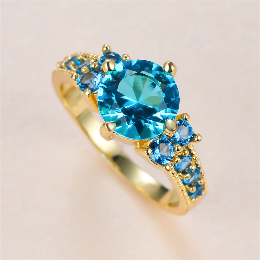 Birthstone Ring Set - Aqua Blue Kristal bulat batu cincin
