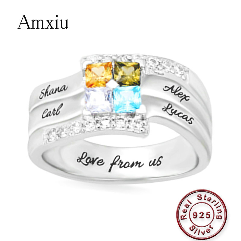 Birthstone Ring Set - Amxiu Menyesuaikan Empat Nama Keluarga Cincin