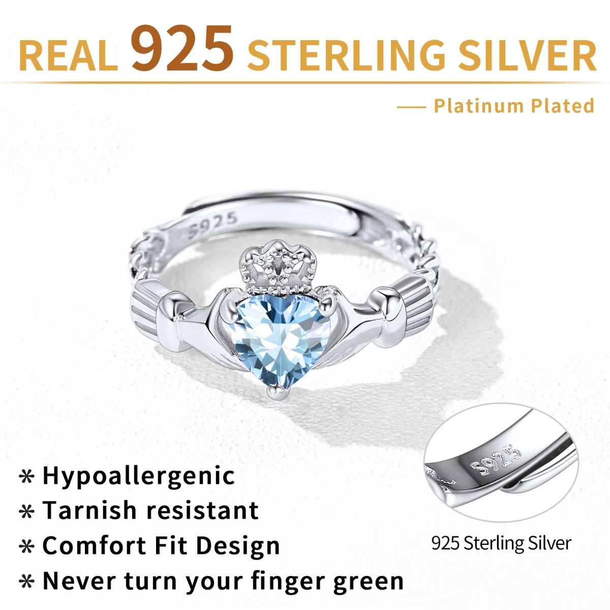 U7 3Mm 925 Cincin Claddagh Per - Birthstone Ring Set ulasan dan harga
