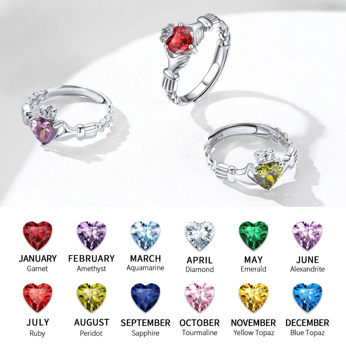 U7 3Mm 925 Cincin Claddagh Per - Birthstone Ring Set ulasan dan harga
